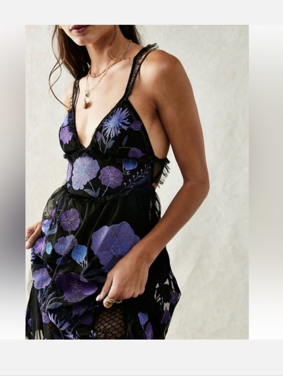For Love And Lemons Dresses & Skirts - For Love & Lemons Black Sheer Dress with Purple & Blue Floral Embroidery